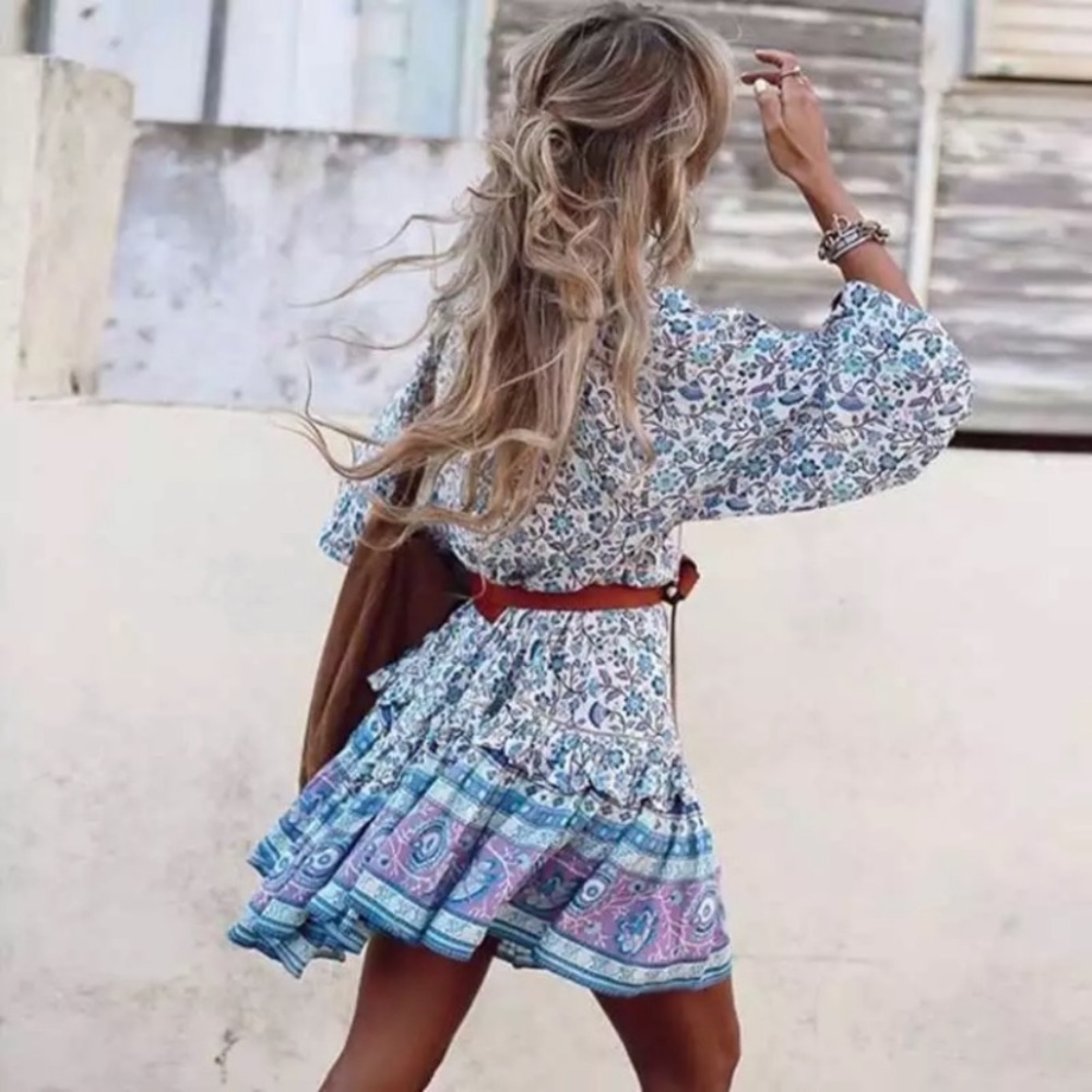 SOLD OUT Purple & Teal Gypsy Boho Festival Floral Dress - Picture 2 of 9